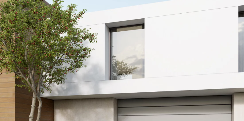 Exterior view of a modern white residential house