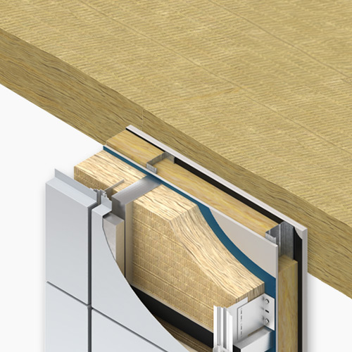 Close-up cross-section of glass and rock wool insulation installed between wall studs.