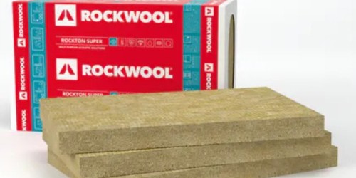 Stack of Rockwool acoustic insulation slabs in packaging