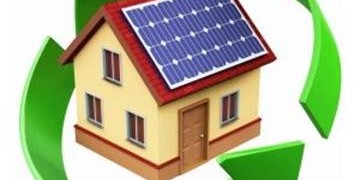 Graphic of a house with solar panels and a green recycling arrow