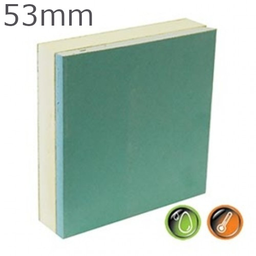 53mm British Gypsum Gyproc Thermaline PIR MR Insulated Plasterboard - (40.5mm PIR and 12.5mm Gyproc MR WallBoard) 53mm British Gypsum Gyproc Thermaline PIR MR Insulated Plasterboard - (40.5mm PIR and 12.5mm Gyproc MR WallBoard)